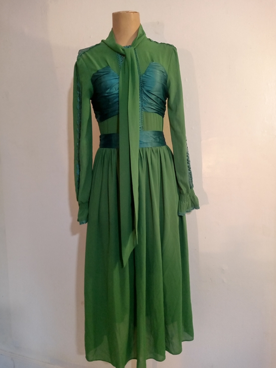 Ayomis Dresses & Skirts - Green Long-Sleeve Midi Dress with Satin Accents